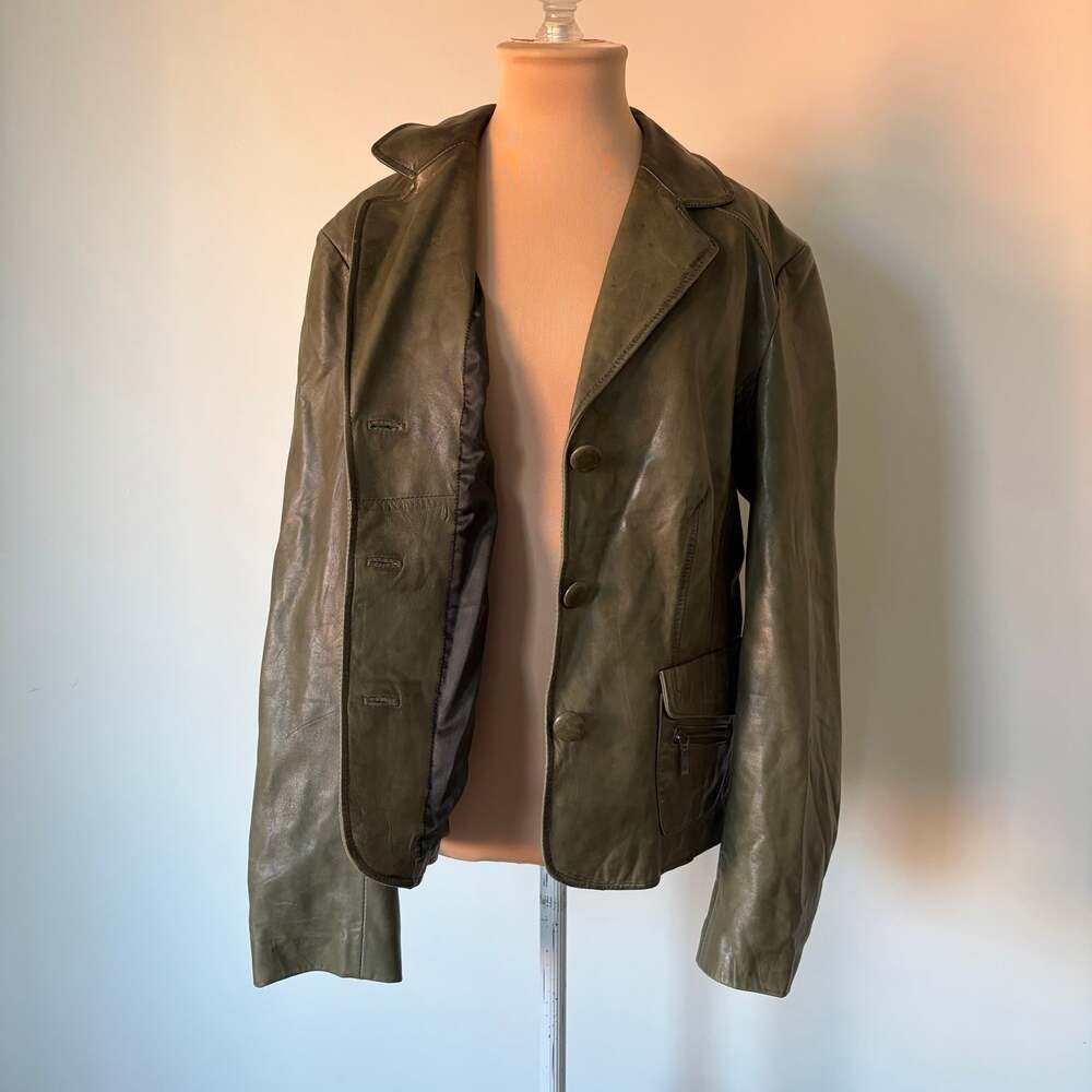 Overland Vintage Genuine Leather Buttoned Earthy Olive Green Blazer Jacket Sz L - Picture 5 of 10